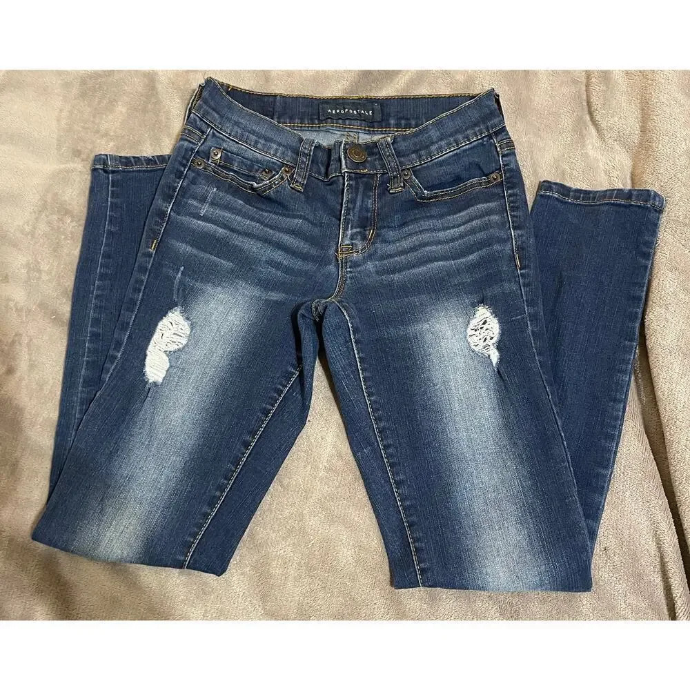 Aeropostale Women Denim SZ 00 XS Short/ Girls Large Dark Jeggings Denim Distress - Picture 3 of 5
